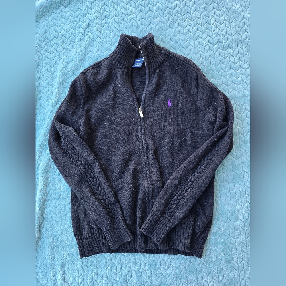 Ralph Lauren Polo  Black Cardigan Sweater with Purple Logo